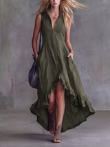 Women's army green high-low ruffled sleeveless maxi dress featuring a zip-front closure. Elegant boutique dress perfect for fall festivals, winery weekends, date nights, and boho-inspired outfits.