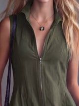 Women's army green high-low ruffled sleeveless maxi dress featuring a zip-front closure. Elegant boutique dress perfect for fall festivals, winery weekends, date nights, and boho-inspired outfits.