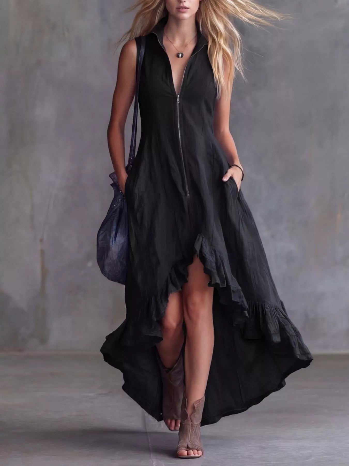 Women's black high-low ruffled sleeveless maxi dress featuring a zip-front closure. Elegant boutique dress perfect for fall festivals, winery weekends, date nights, and boho-inspired outfits.
