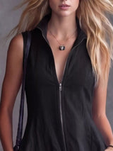 Women's black high-low ruffled sleeveless maxi dress featuring a zip-front closure. Elegant boutique dress perfect for fall festivals, winery weekends, date nights, and boho-inspired outfits.