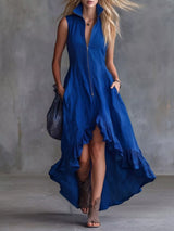 Women's blue high-low ruffled sleeveless maxi dress featuring a zip-front closure. Elegant boutique dress perfect for fall festivals, winery weekends, date nights, and boho-inspired outfits.