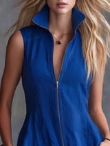 Women's blue high-low ruffled sleeveless maxi dress featuring a zip-front closure. Elegant boutique dress perfect for fall festivals, winery weekends, date nights, and boho-inspired outfits.
