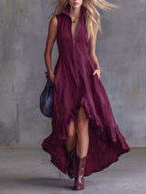 Women's burgundy high-low ruffled sleeveless maxi dress featuring a zip-front closure. Elegant boutique dress perfect for fall festivals, winery weekends, date nights, and boho-inspired outfits.