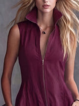 Women's burgundy high-low ruffled sleeveless maxi dress featuring a zip-front closure. Elegant boutique dress perfect for fall festivals, winery weekends, date nights, and boho-inspired outfits.
