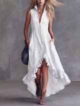 Women's white high-low ruffled sleeveless maxi dress featuring a zip-front closure. Elegant boutique dress perfect for fall festivals, winery weekends, date nights, and boho-inspired outfits.