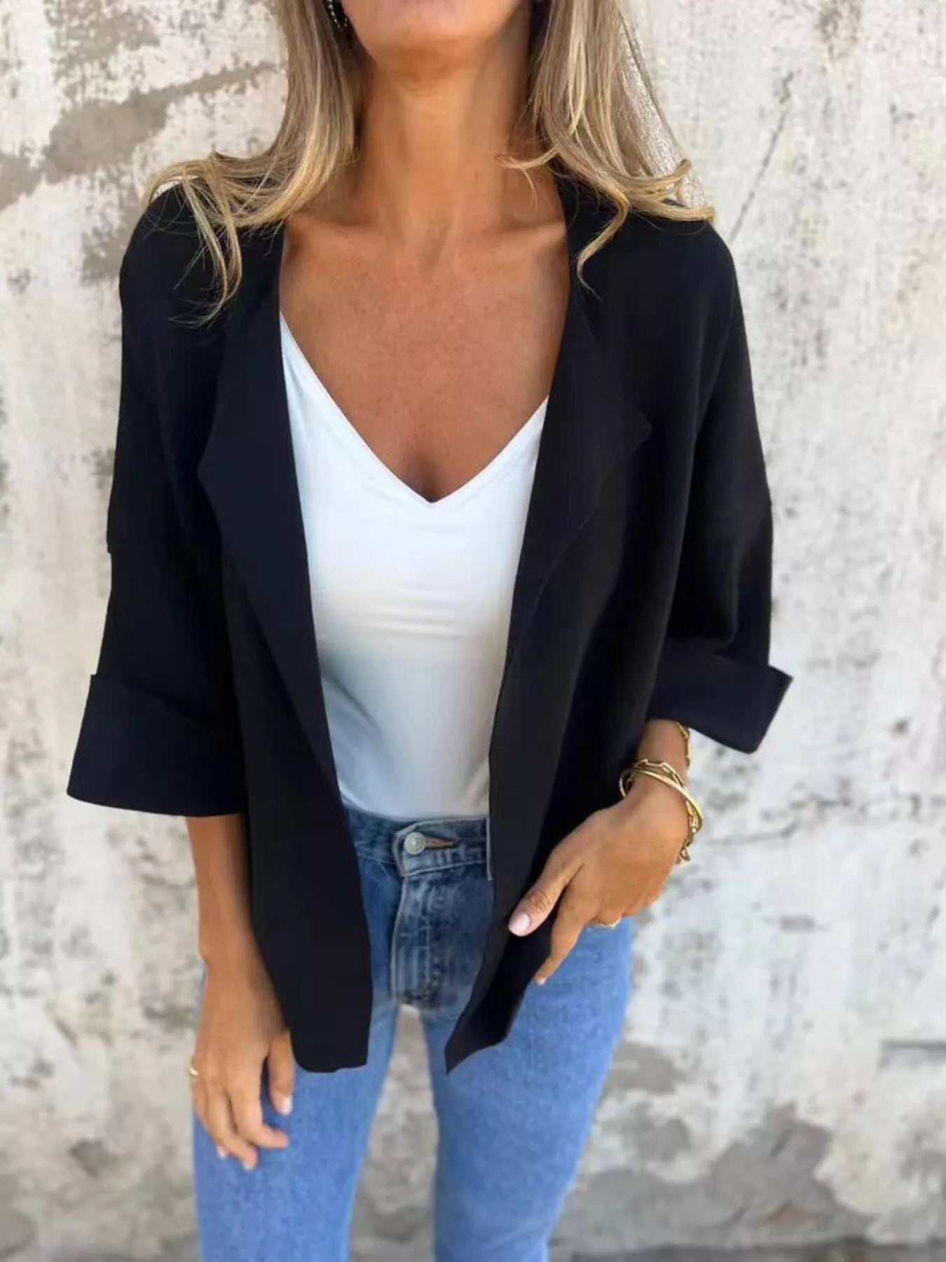 Women's Black open front 3/4 sleeve casual cardigan layered over a white V-neck tank with blue jeans, lightweight cardigan available in sizes Small–5XL.
