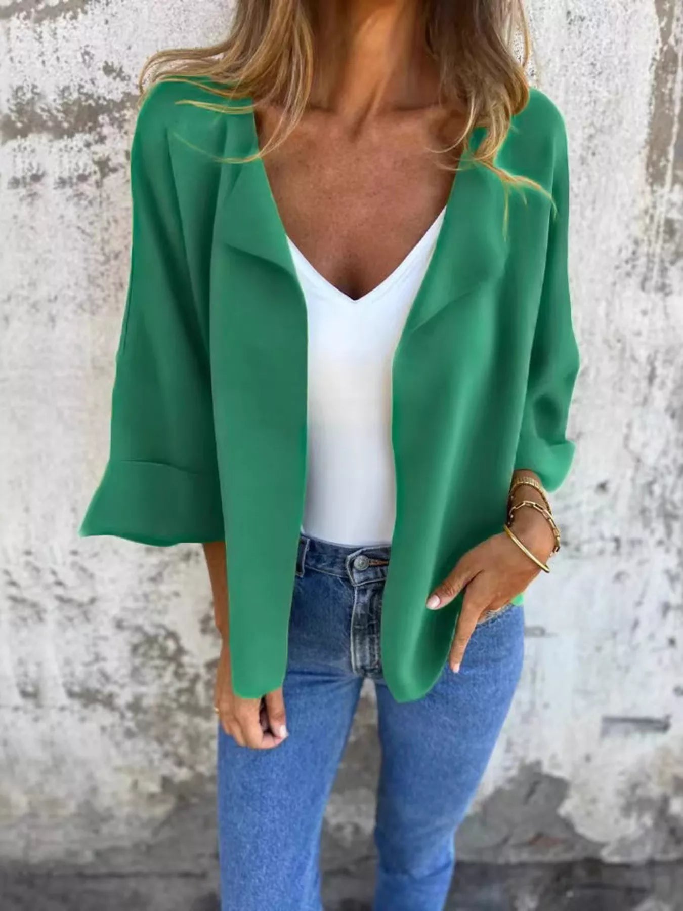 Women's Dark Green open front 3/4 sleeve casual cardigan layered over a white V-neck tank with blue jeans, lightweight cardigan available in sizes Small–5XL.