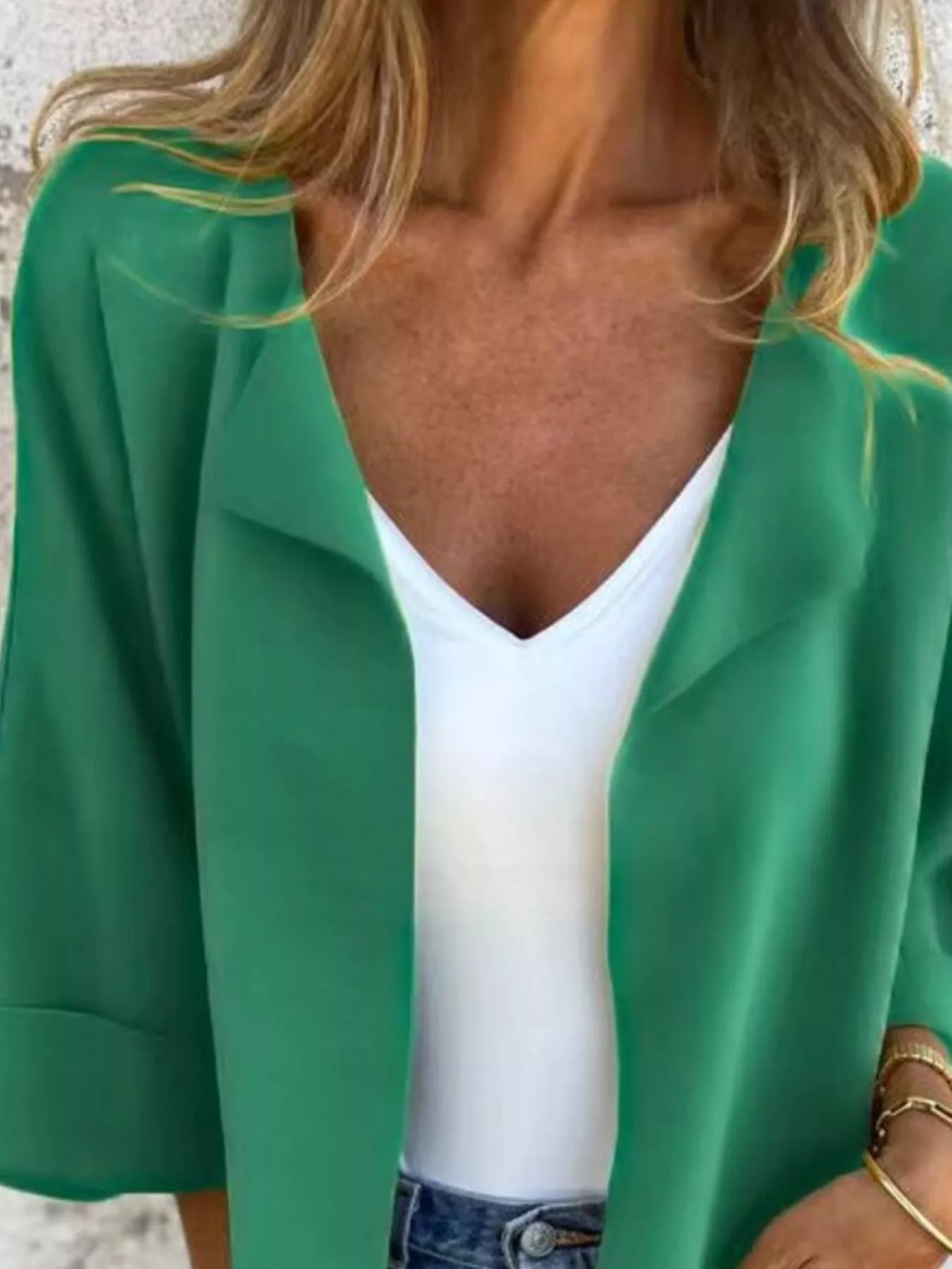 Women's Dark Green open front 3/4 sleeve casual cardigan layered over a white V-neck tank with blue jeans, lightweight cardigan available in sizes Small–5XL.