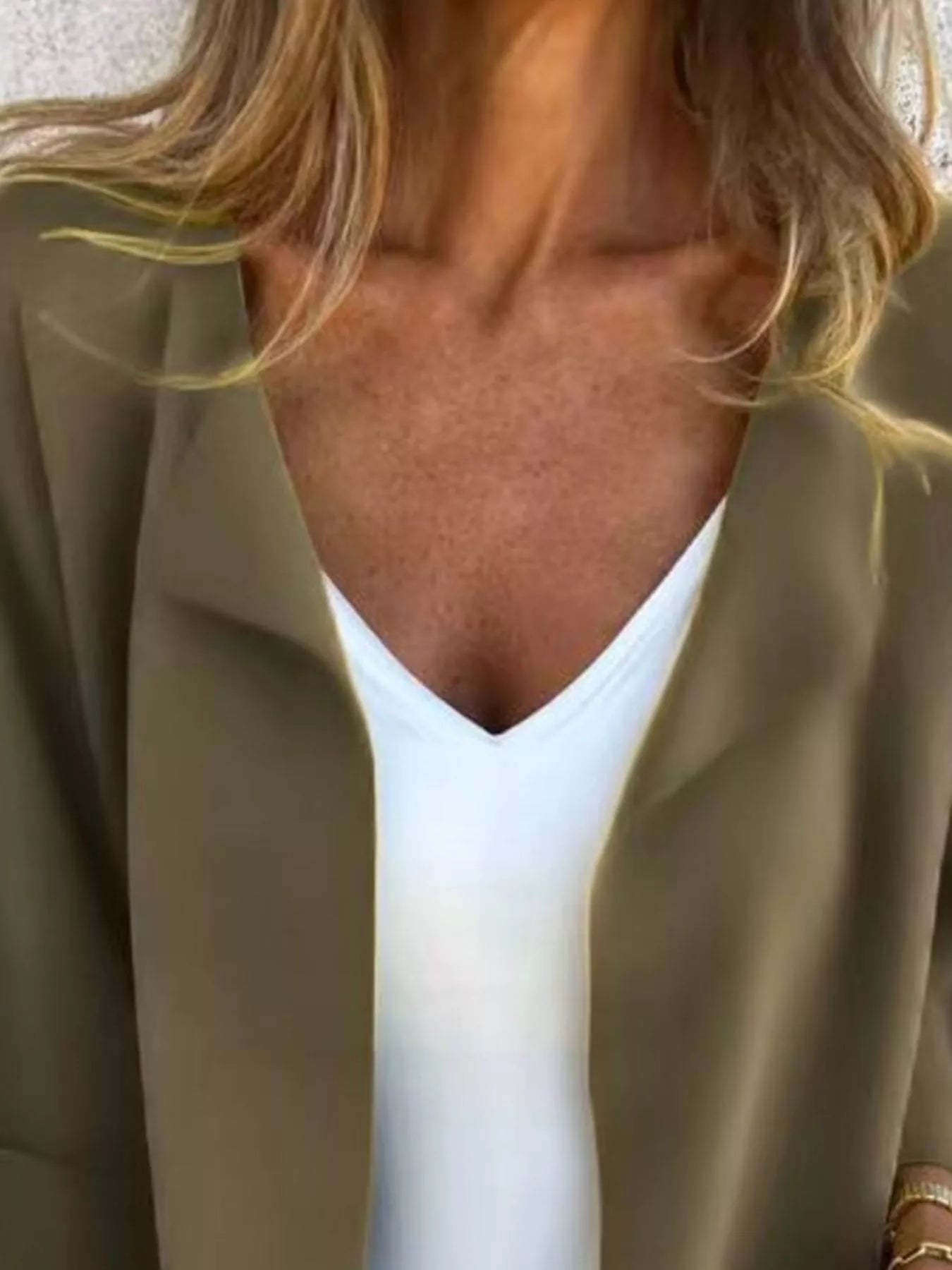 Women's Olive open front 3/4 sleeve casual cardigan layered over a white V-neck tank with blue jeans, lightweight cardigan available in sizes Small–5XL.