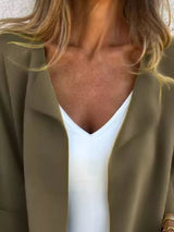Women's Olive open front 3/4 sleeve casual cardigan layered over a white V-neck tank with blue jeans, lightweight cardigan available in sizes Small–5XL.