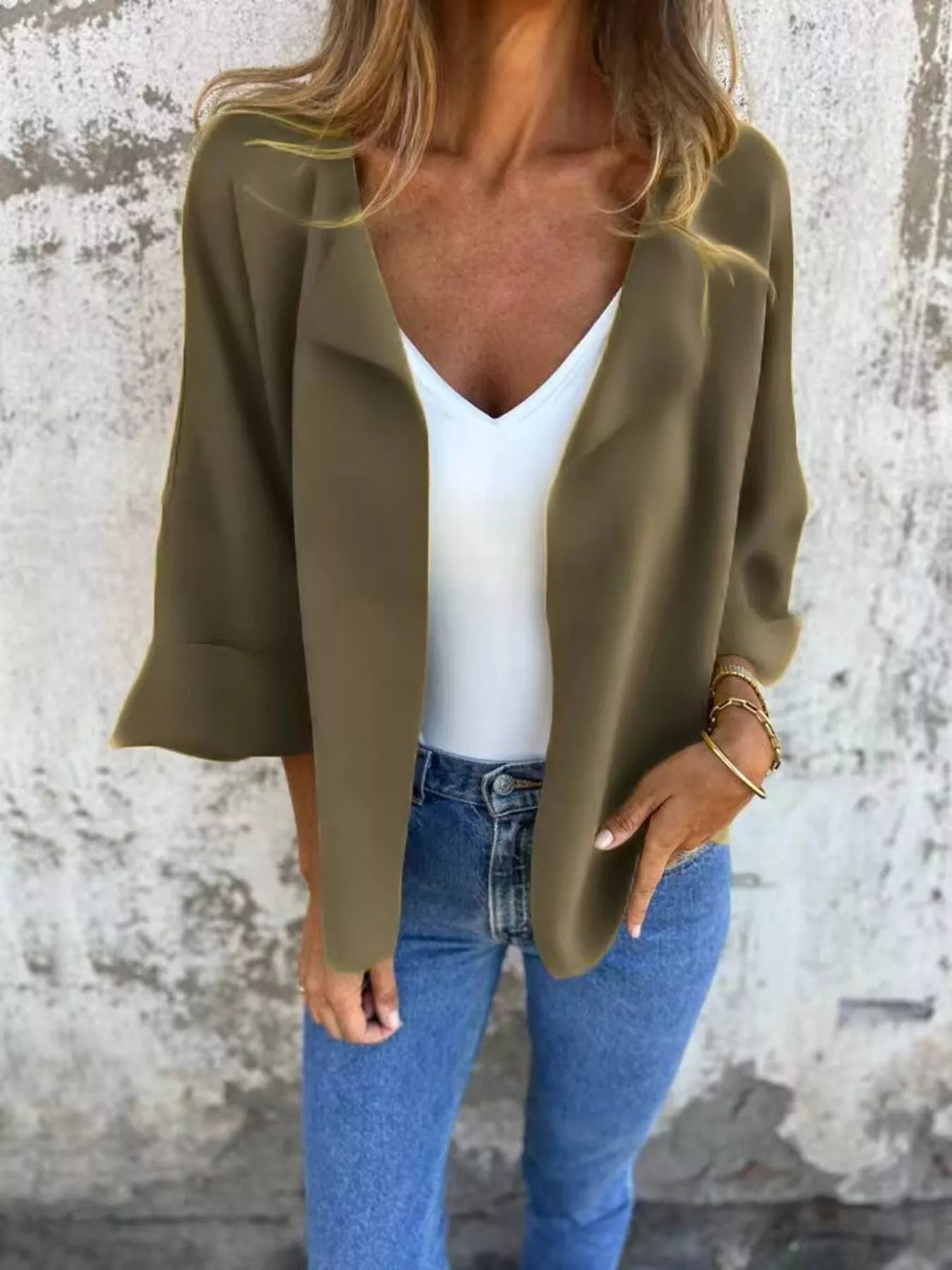 Women's Olive open front 3/4 sleeve casual cardigan layered over a white V-neck tank with blue jeans, lightweight cardigan available in sizes Small–5XL.
