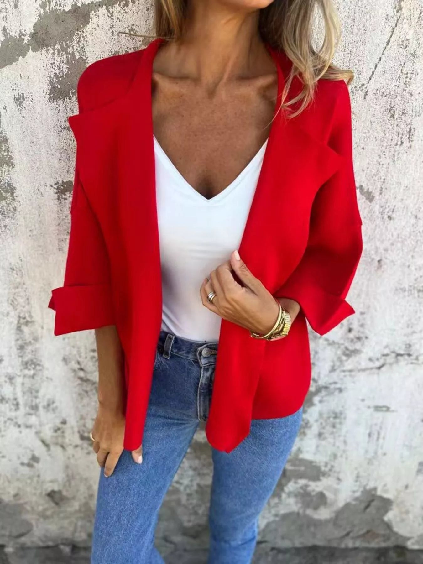 Women's Red open front 3/4 sleeve casual cardigan layered over a white V-neck tank with blue jeans, lightweight cardigan available in sizes Small–5XL.