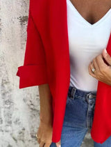 Women's Red open front 3/4 sleeve casual cardigan layered over a white V-neck tank with blue jeans, lightweight cardigan available in sizes Small–5XL.
