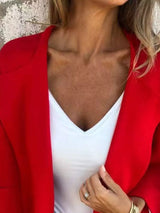 Women's Red open front 3/4 sleeve casual cardigan layered over a white V-neck tank with blue jeans, lightweight cardigan available in sizes Small–5XL.
