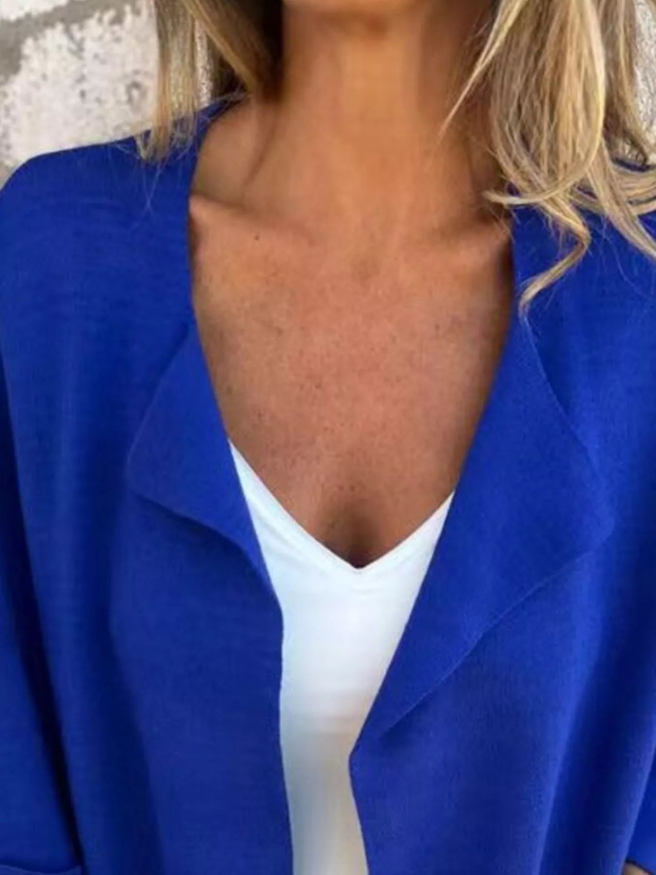 Women's Royal Blue open front 3/4 sleeve casual cardigan layered over a white V-neck tank with blue jeans, lightweight cardigan available in sizes Small–5XL.