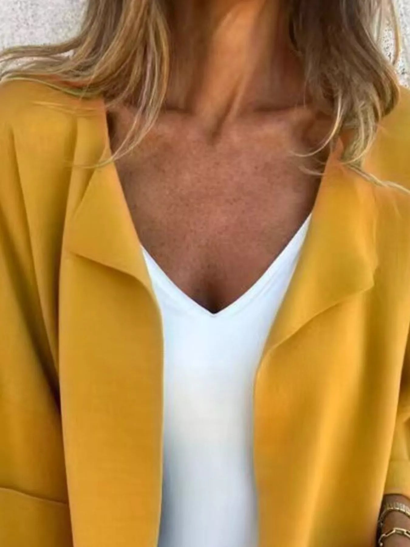 Women's Sherbet open front 3/4 sleeve casual cardigan layered over a white V-neck tank with blue jeans, lightweight cardigan available in sizes Small–5XL.