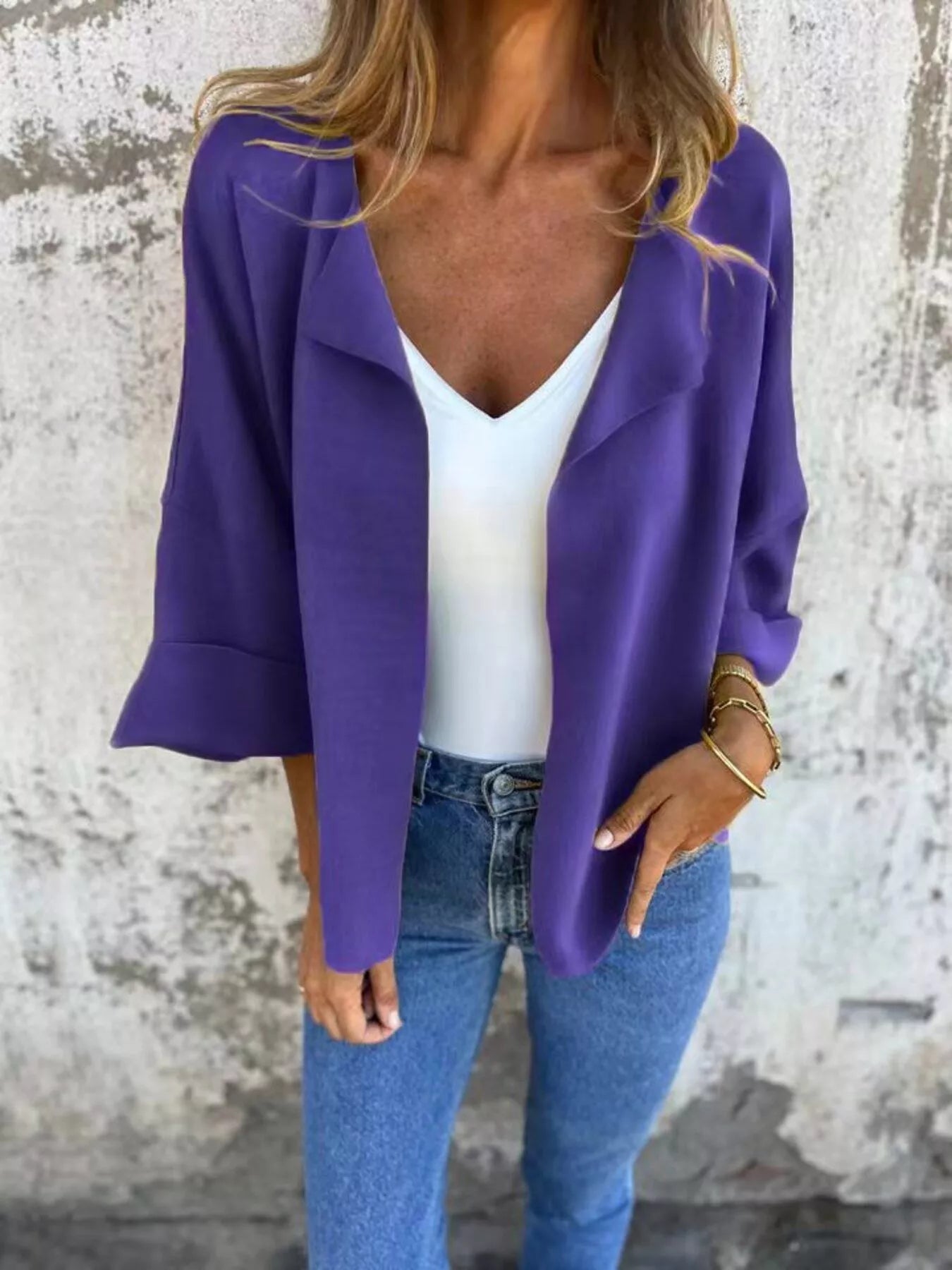 Women's Violet open front 3/4 sleeve casual cardigan layered over a white V-neck tank with blue jeans, lightweight cardigan available in sizes Small–5XL.
