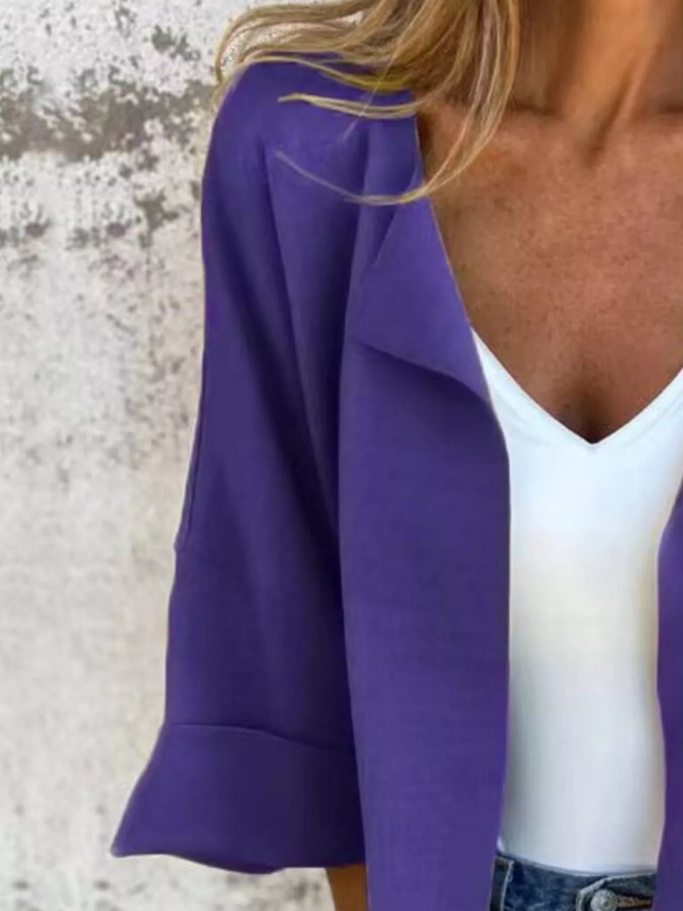 Women's Violet open front 3/4 sleeve casual cardigan layered over a white V-neck tank with blue jeans, lightweight cardigan available in sizes Small–5XL.