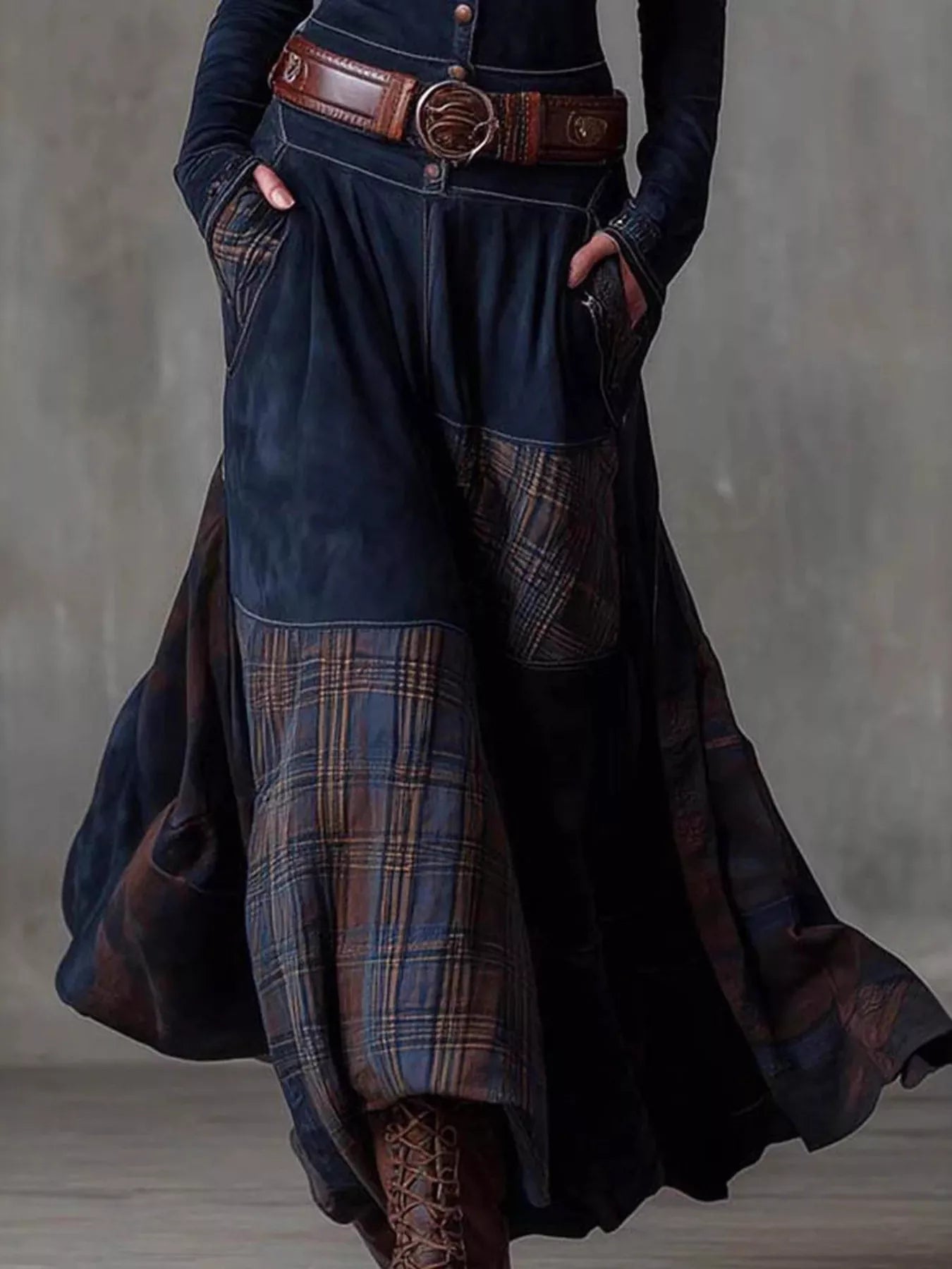 Women's full-size plaid button front maxi dress with long sleeves, belted waist, front slit, and pockets in blue, available in sizes Small–3XL.