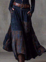 Women's full-size plaid button front maxi dress with long sleeves, belted waist, front slit, and pockets in blue, available in sizes Small–3XL.