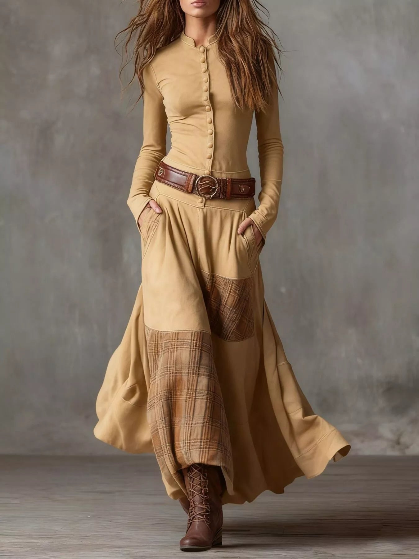 Women's full-size plaid button front maxi dress with long sleeves, belted waist, front slit, and pockets in apricot, available in sizes Small–3XL.