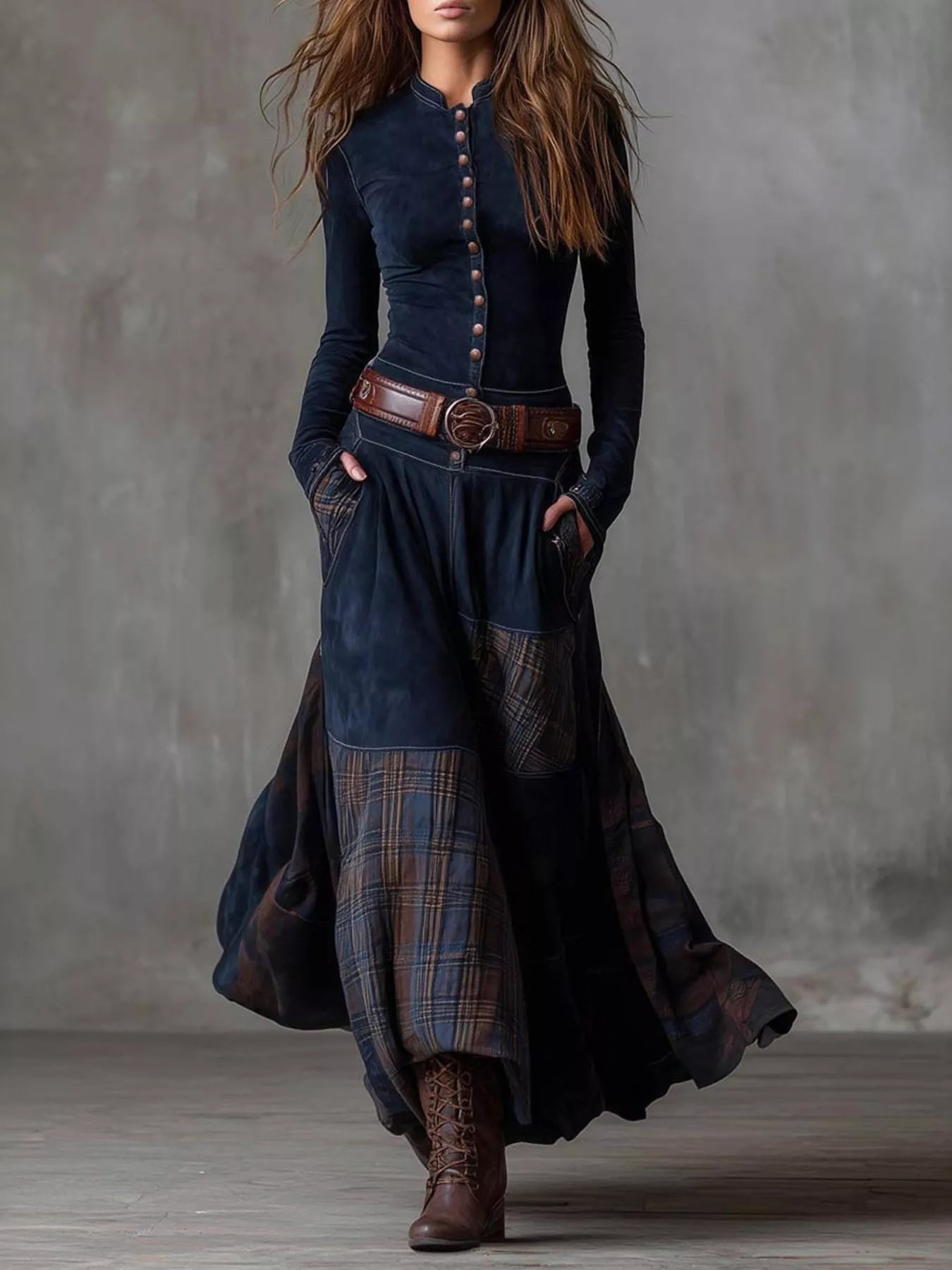 Women's full-size plaid button front maxi dress with long sleeves, belted waist, front slit, and pockets in blue, available in sizes Small–3XL.