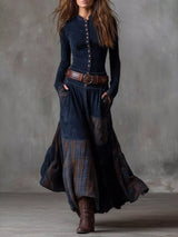 Women's full-size plaid button front maxi dress with long sleeves, belted waist, front slit, and pockets in blue, available in sizes Small–3XL.