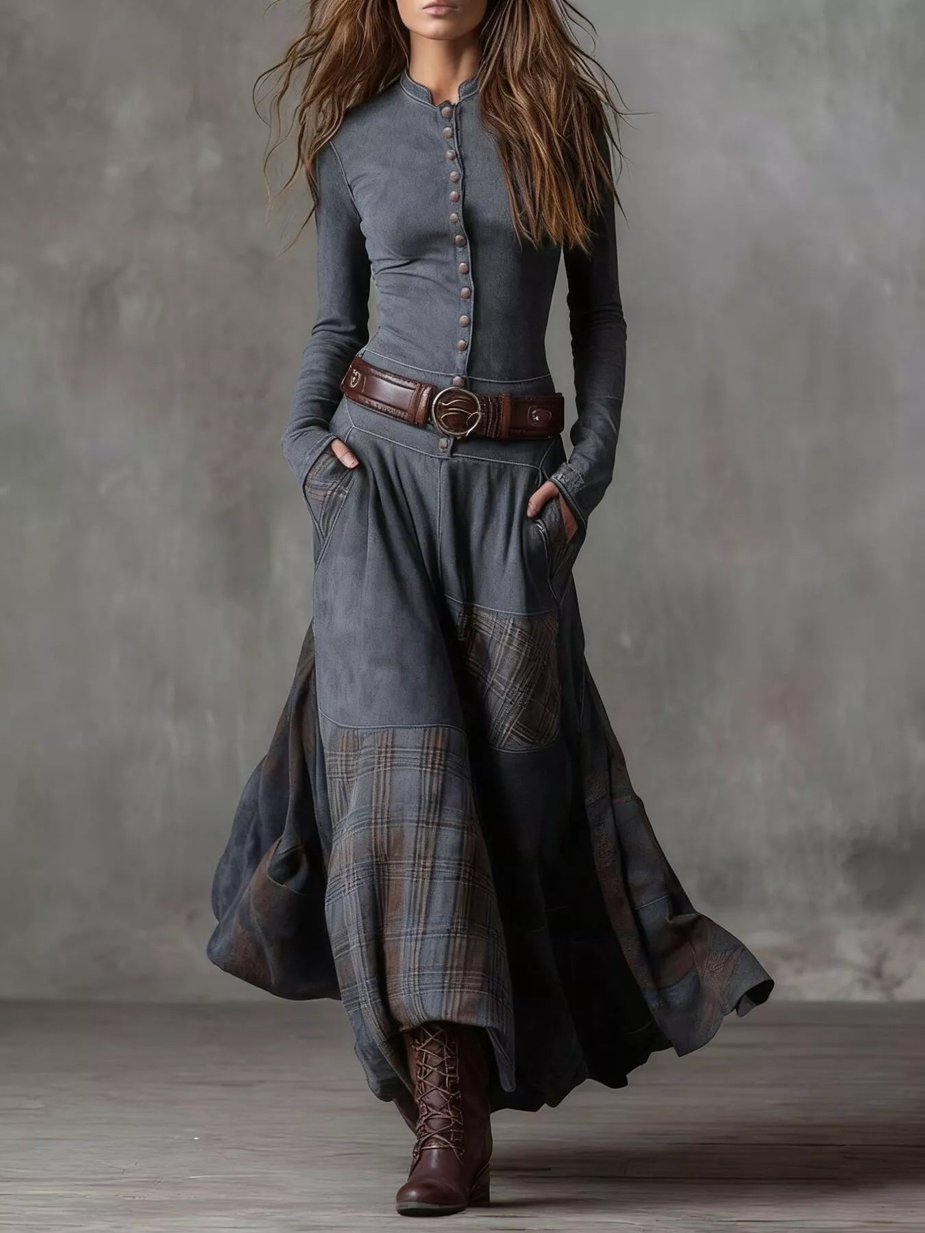 Women's full-size plaid button front maxi dress with long sleeves, belted waist, front slit, and pockets in gray, available in sizes Small–3XL.