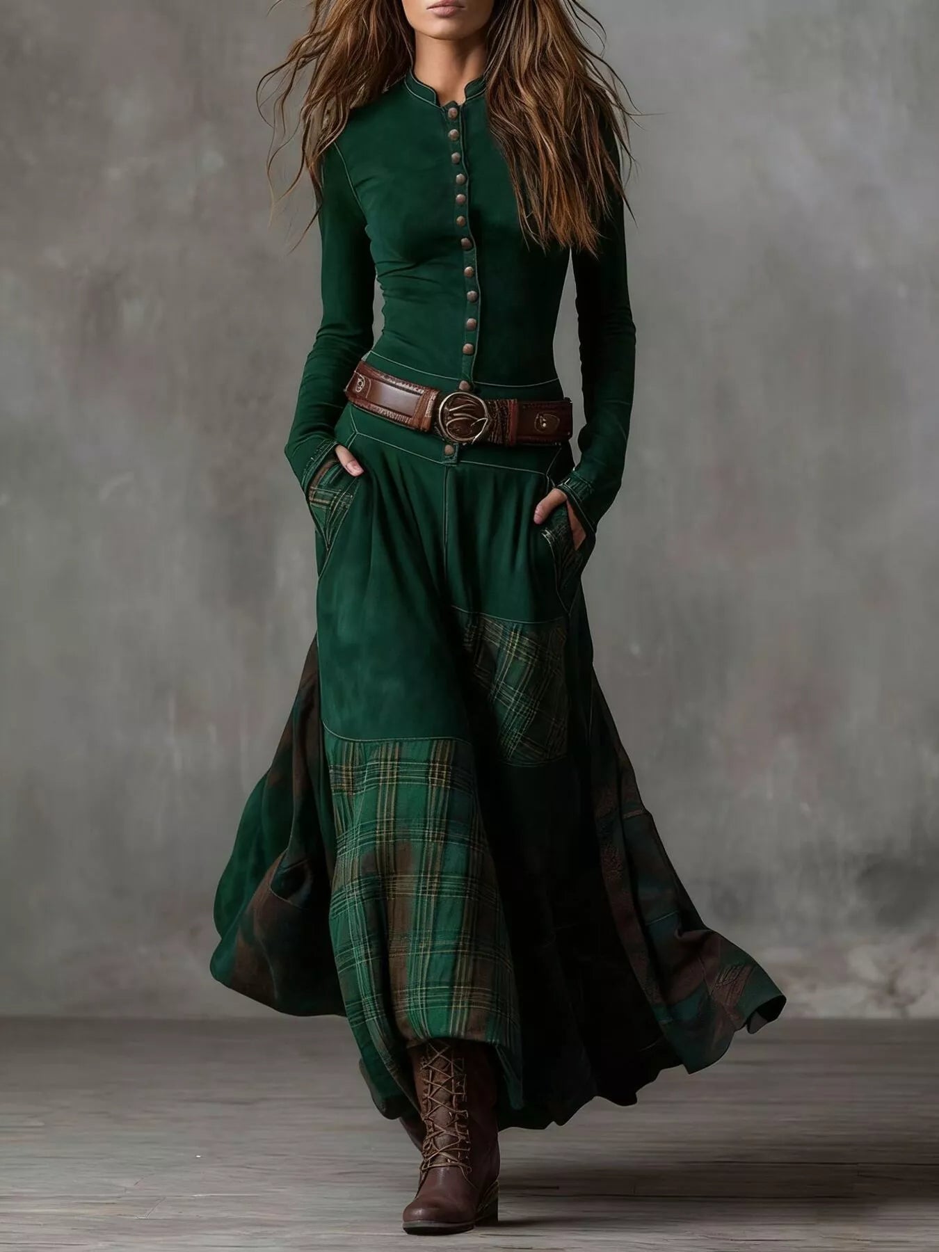 Women's full-size plaid button front maxi dress with long sleeves, belted waist, front slit, and pockets in green, available in sizes Small–3XL.
