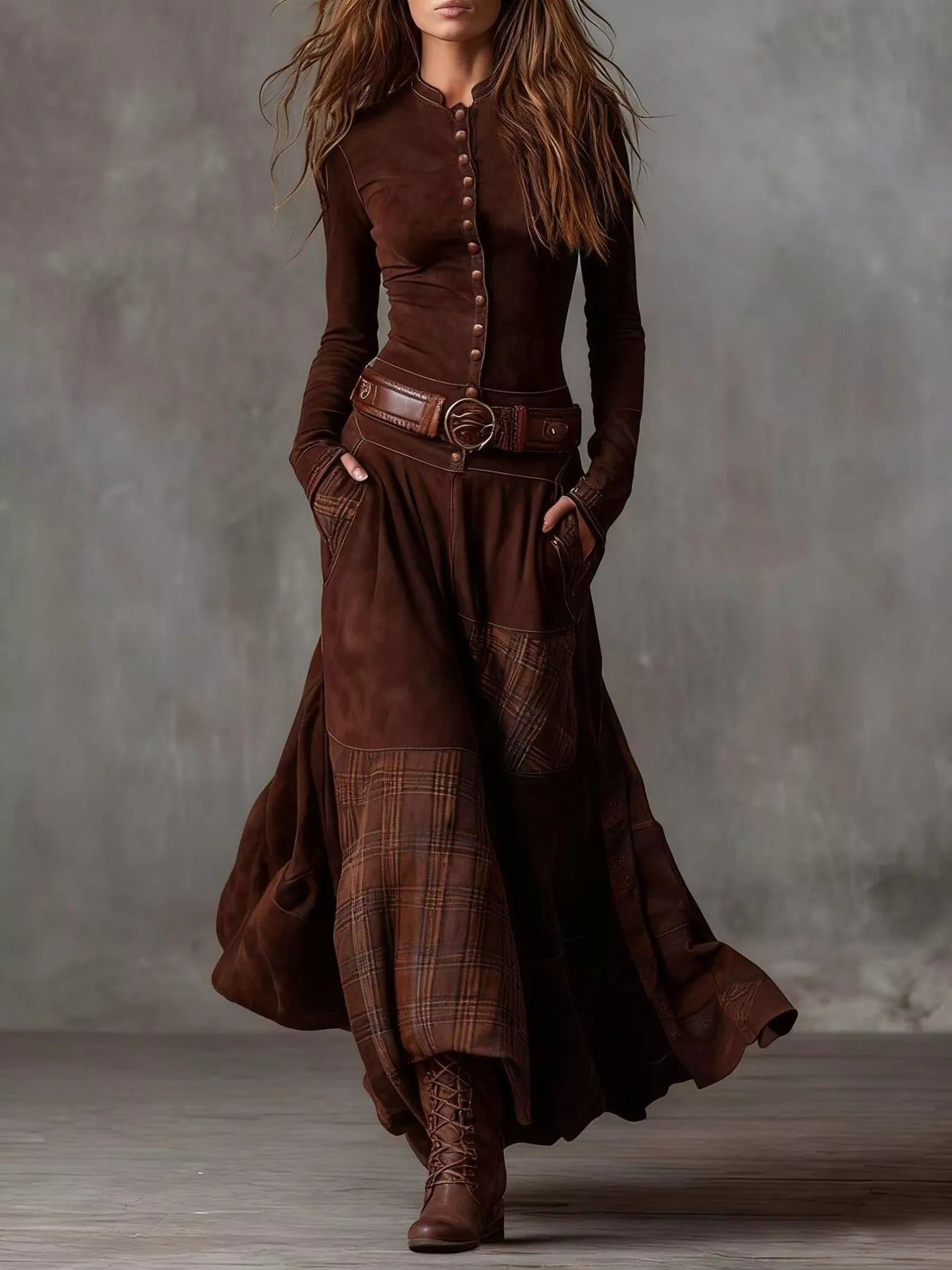 Women's full-size plaid button front maxi dress with long sleeves, belted waist, front slit, and pockets in rust, available in sizes Small–3XL.