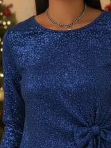 Blue glittery dress with a close-up of the fabric and neckline.
