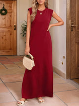 Women's burgundy sleeveless maxi tank dress with side pockets and side slit, casual round neck dress available in sizes Small–5XL, styled with white sandals.
