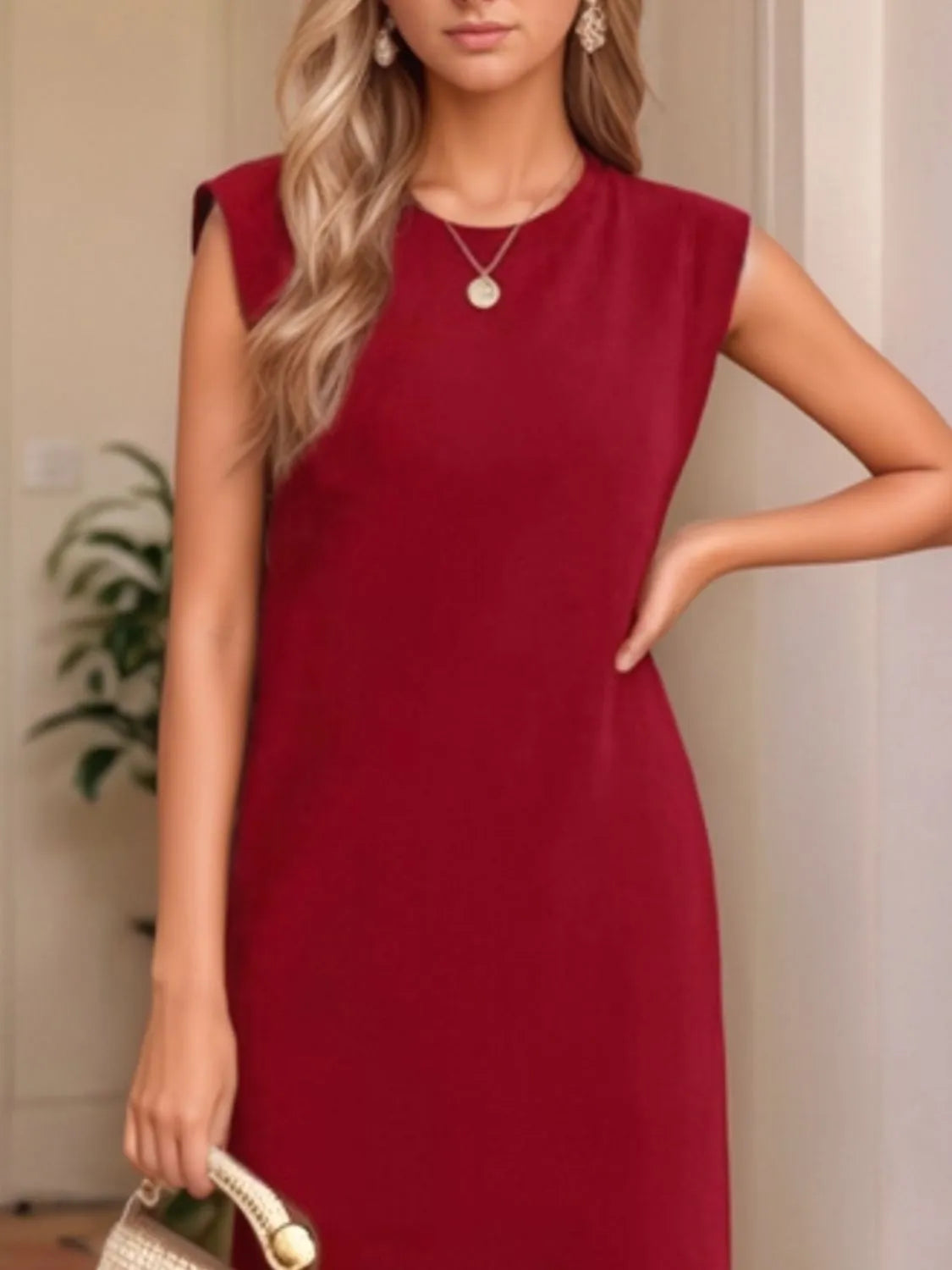 Women's burgundy sleeveless maxi tank dress with side pockets and side slit, casual round neck dress available in sizes Small–5XL, styled with white sandals.