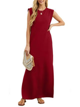 Women's burgundy sleeveless maxi tank dress with side pockets and side slit, casual round neck dress available in sizes Small–5XL, styled with white sandals.