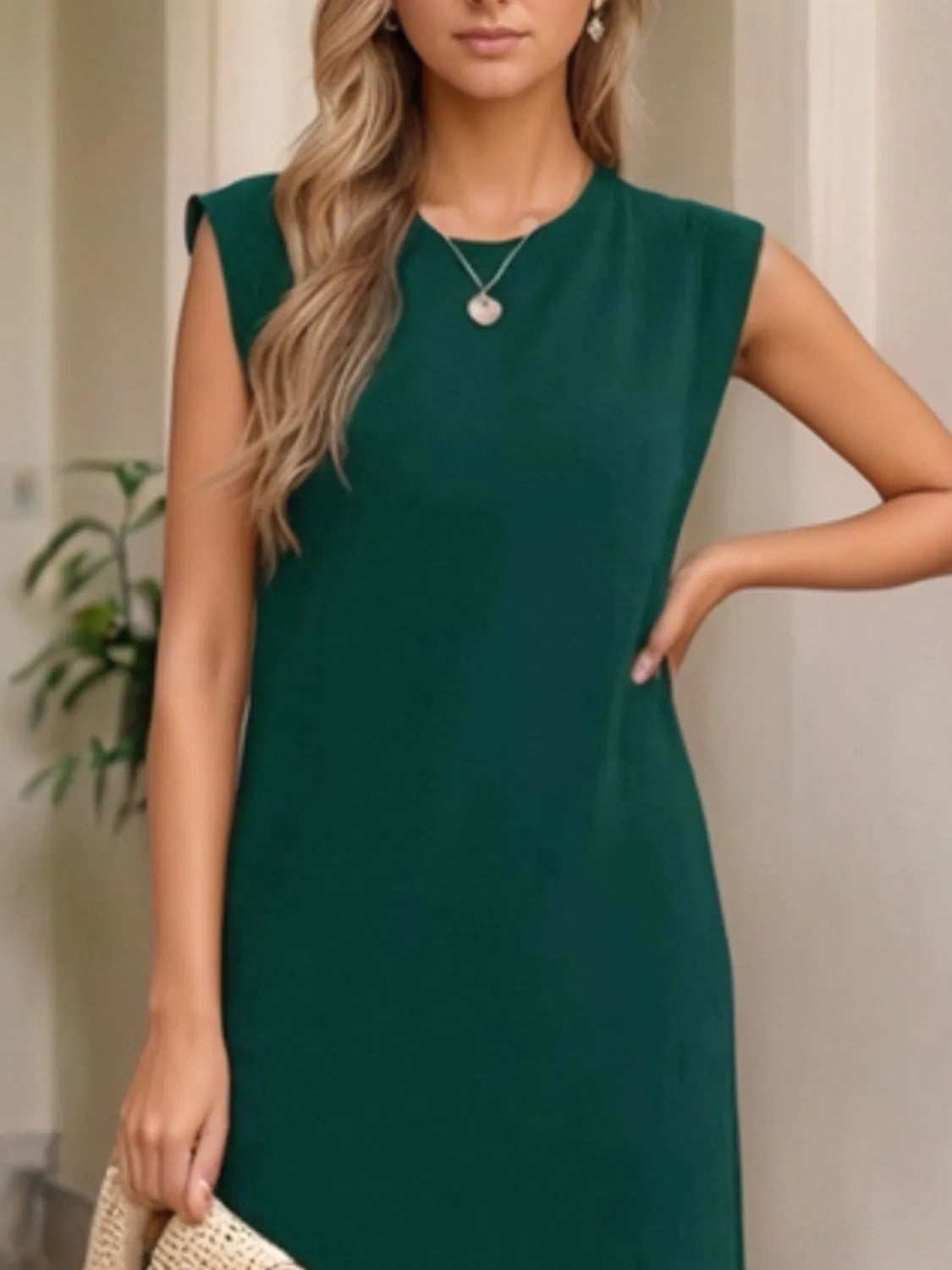 Women's dark green sleeveless maxi tank dress with side pockets and side slit, casual round neck dress available in sizes Small–5XL, styled with white sandals.