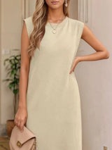 Women's Khaki sleeveless maxi tank dress with side pockets and side slit, casual round neck dress available in sizes Small–5XL, styled with white sandals.