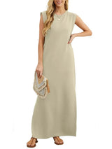 Women's Khaki sleeveless maxi tank dress with side pockets and side slit, casual round neck dress available in sizes Small–5XL, styled with white sandals.