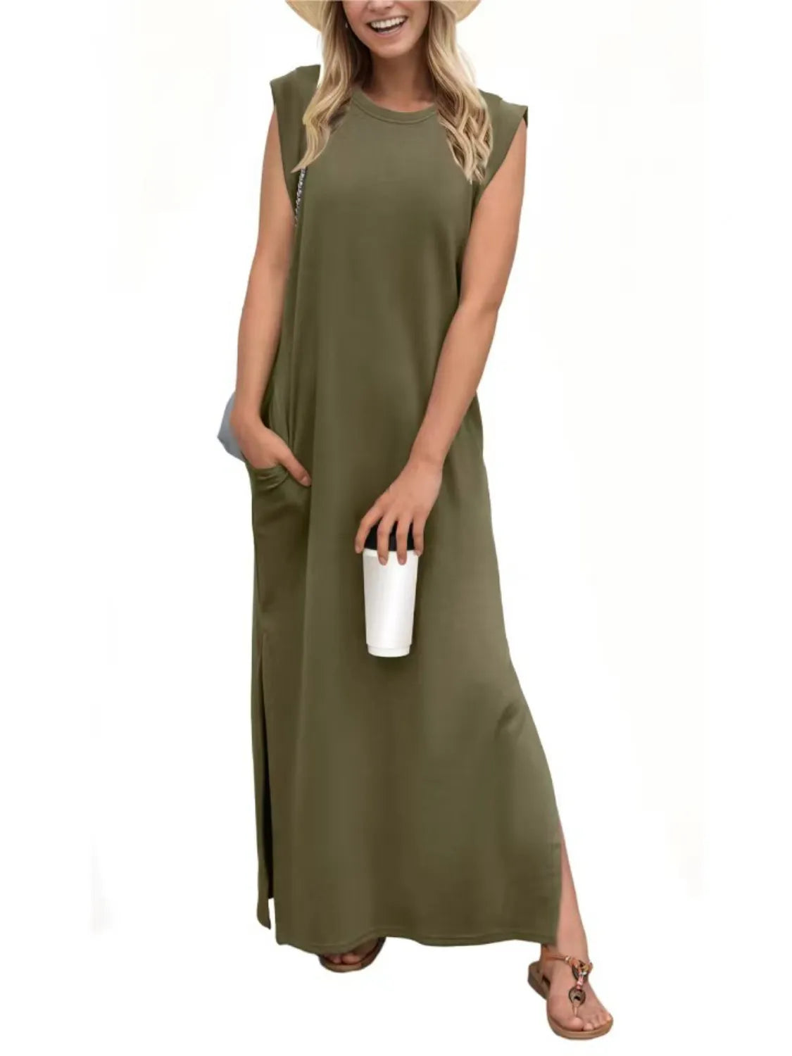 Women's moss sleeveless maxi tank dress with side pockets and side slit, casual round neck dress available in sizes Small–5XL, styled with white sandals.