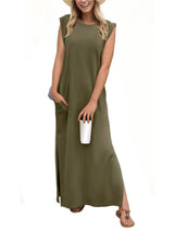 Women's moss sleeveless maxi tank dress with side pockets and side slit, casual round neck dress available in sizes Small–5XL, styled with white sandals.