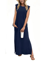 Women's navy sleeveless maxi tank dress with side pockets and side slit, casual round neck dress available in sizes Small–5XL, styled with white sandals.