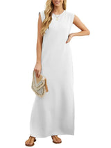 Women's white sleeveless maxi tank dress with side pockets and side slit, casual round neck dress available in sizes Small–5XL, styled with white sandals.