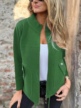 Women's green textured knit zip-up outerwear jacket with decorative button pockets, lightweight fall jacket available in sizes Small–5XL, styled over a white tank and black jeans.