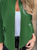 Women's green textured knit zip-up outerwear jacket with decorative button pockets, lightweight fall jacket available in sizes Small–5XL, styled over a white tank and black jeans.