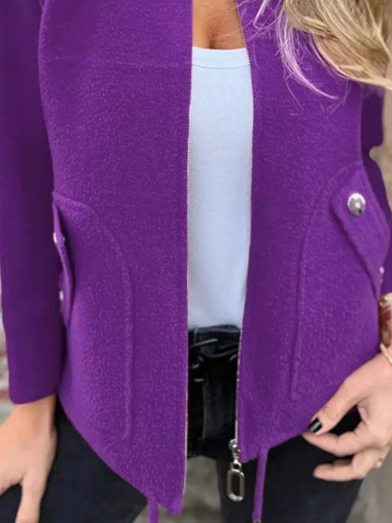 Women's purple textured knit zip-up outerwear jacket with decorative button pockets, lightweight fall jacket available in sizes Small–5XL, styled over a white tank and black jeans.