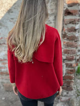 Women's red textured knit zip-up outerwear jacket with decorative button pockets, lightweight fall jacket available in sizes Small–5XL, styled over a white tank and black jeans.