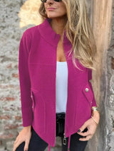 Women's rose red textured knit zip-up outerwear jacket with decorative button pockets, lightweight fall jacket available in sizes Small–5XL, styled over a white tank and black jeans.