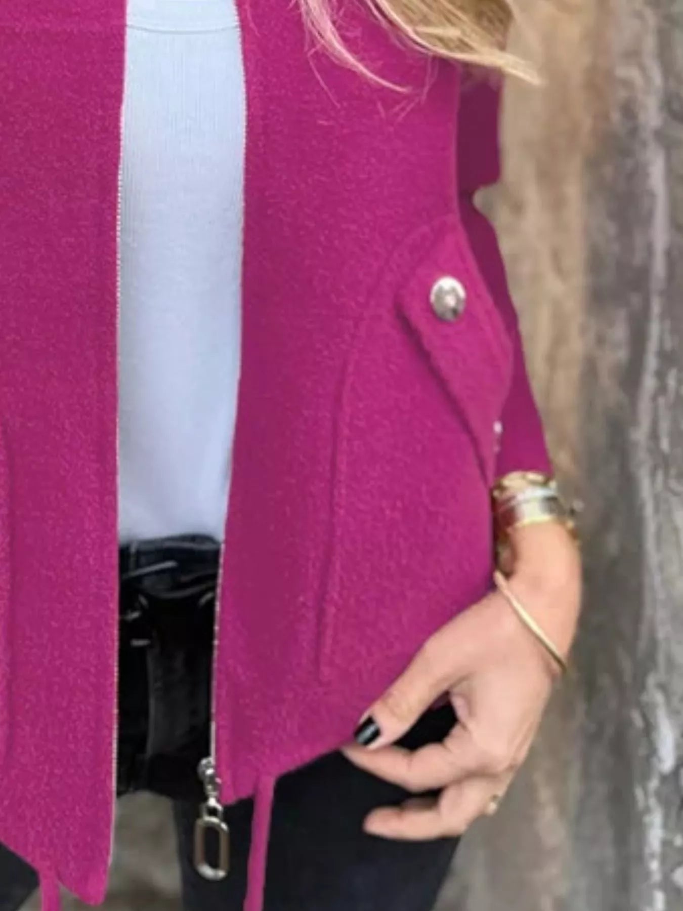 Women's rose red textured knit zip-up outerwear jacket with decorative button pockets, lightweight fall jacket available in sizes Small–5XL, styled over a white tank and black jeans.