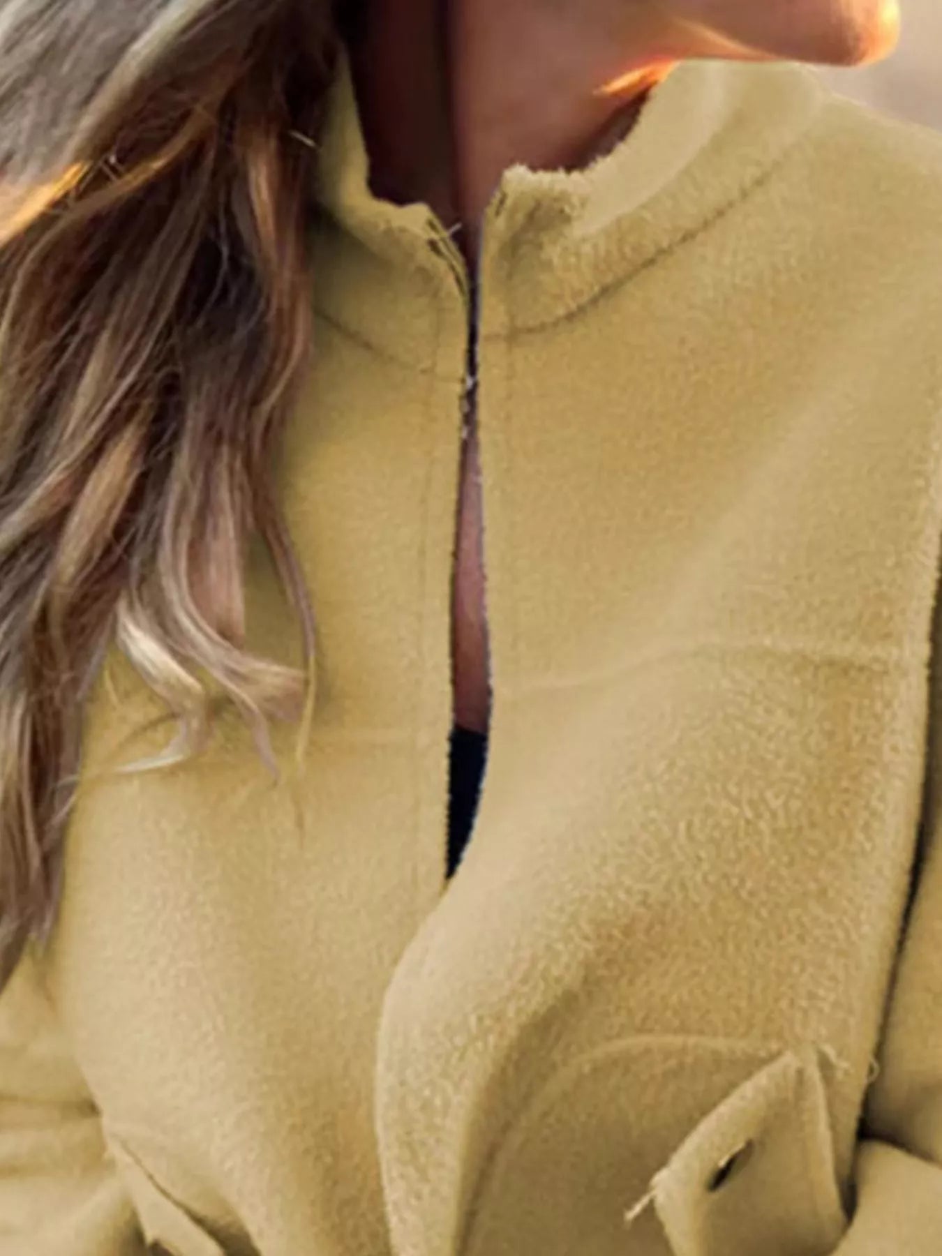 Women's yellow green textured knit zip-up outerwear jacket with decorative button pockets, lightweight fall jacket available in sizes Small–5XL, styled over a white tank and black jeans.