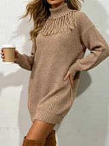 Khaki plus size turtleneck sweater dress with fringe neckline and long sleeves