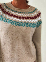 Women’s vintage patterned round neck sweater in khaki with multicolor yoke design, available in sizes Small through 5XL.